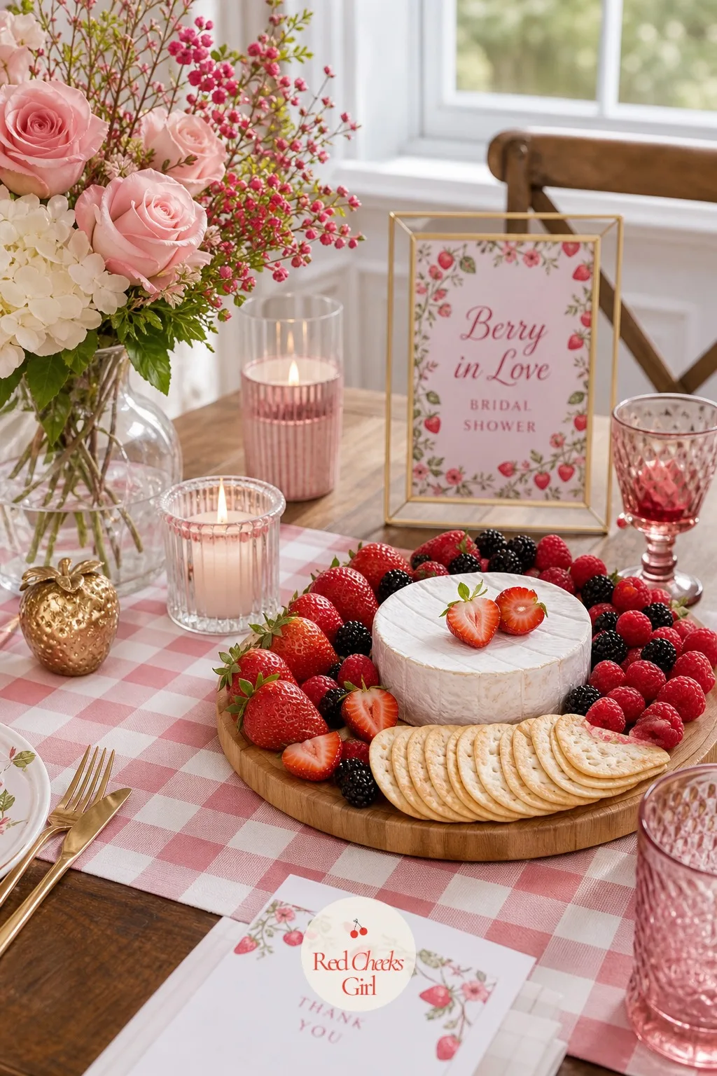 Berry and Brie Cheese Board — A savory break feels necessary once the sweets pile up, and this is it: a wooden board with a wheel of brie at the center, fresh