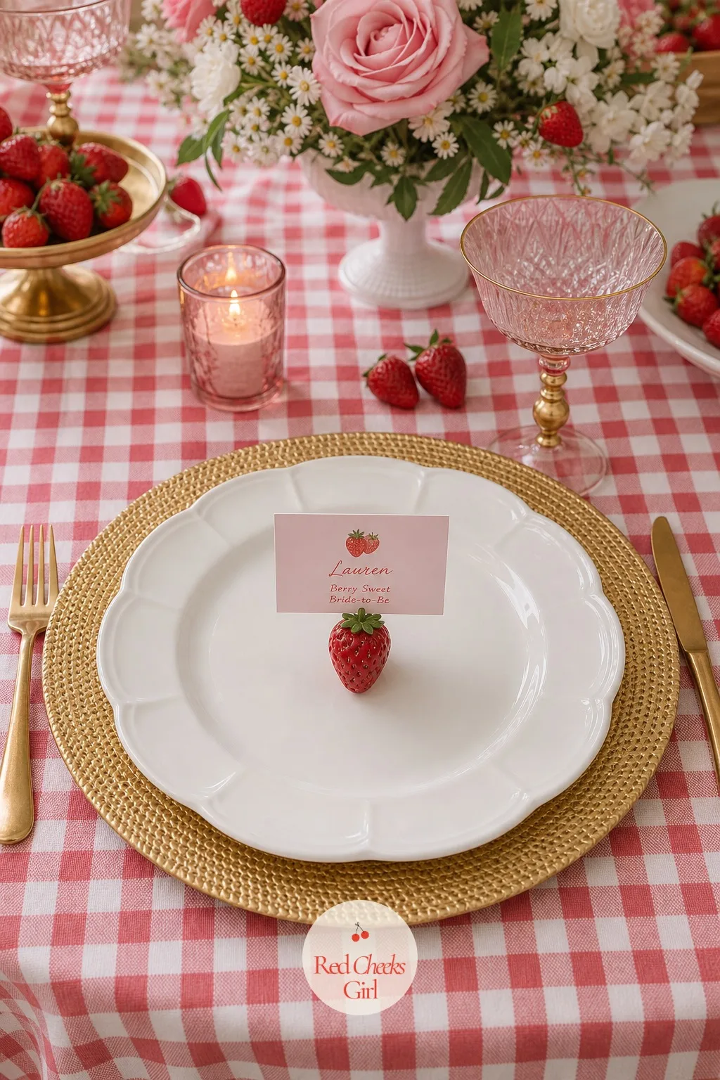 Berry Charger Plates and Place Cards — Each setting gets one small lift: a gold charger underneath the plate, and beside it a place card with a tiny painted