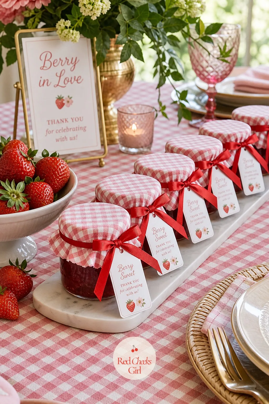 Berry Jam Favors — The takeaway should be something practical and sweet rather than another trinket, and this is it: small glass jars filled with strawberry or
