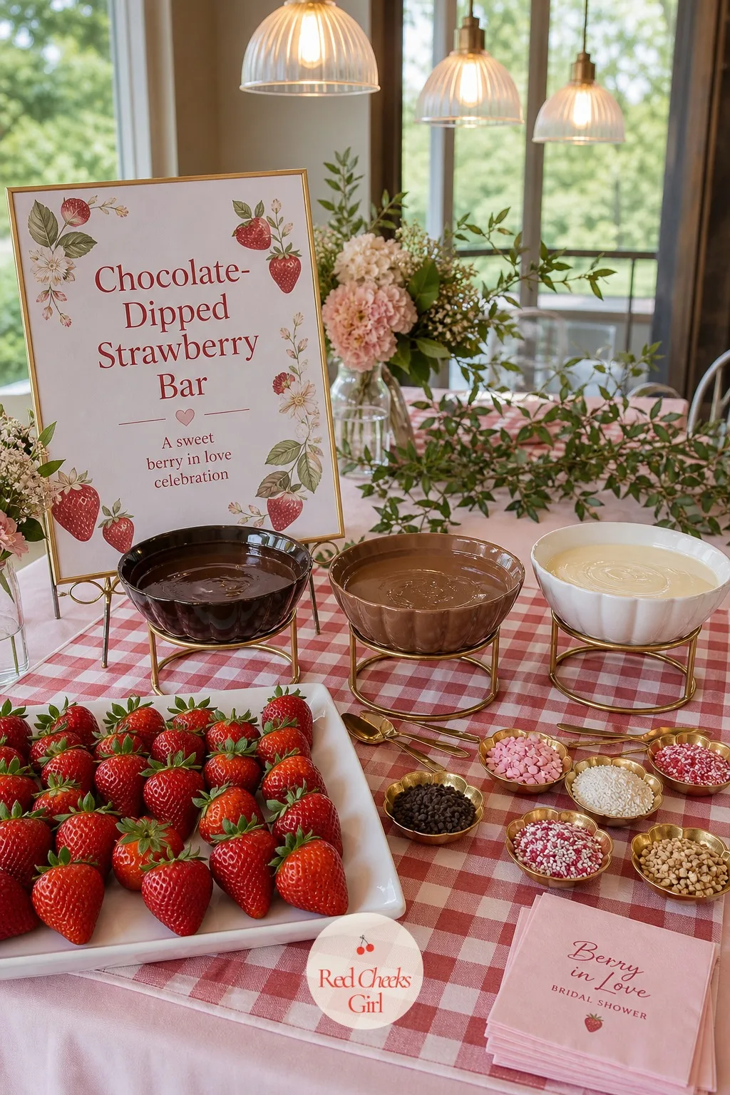 Chocolate-Dipped Strawberry Bar — Beside the tower sits something hands on: bowls of melted dark, milk and white chocolate at the base, a tray of washed