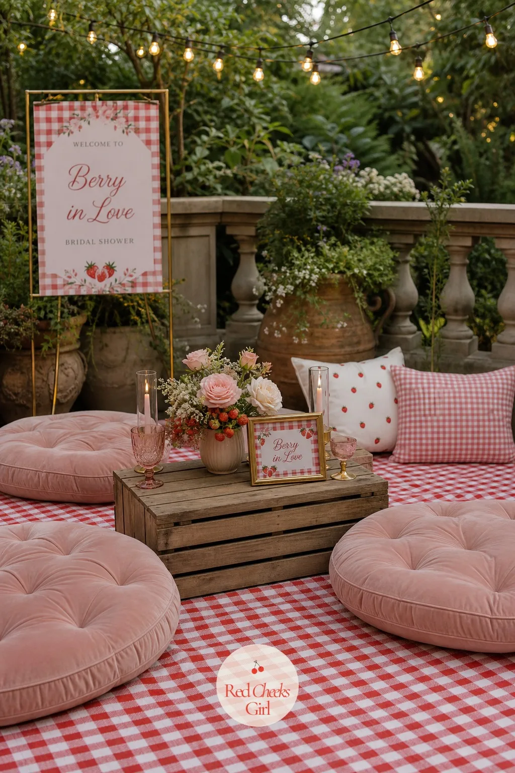 Gingham Picnic Lounge Corner — She might say there is no room for a whole extra seating area, and she is right not to force one in. Berry in love bridal shower