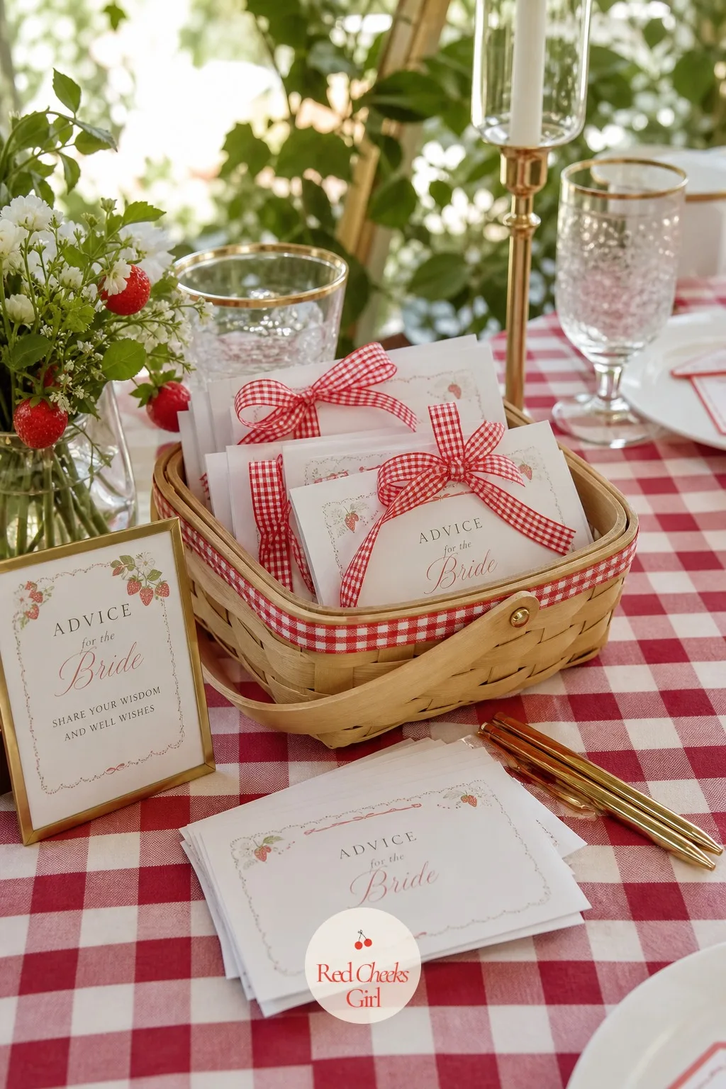 Gingham Ribbon Advice Cards for the Bride — Quieter than a game but just as lasting: a stack of small blank cards and pens set beside a berry basket, for