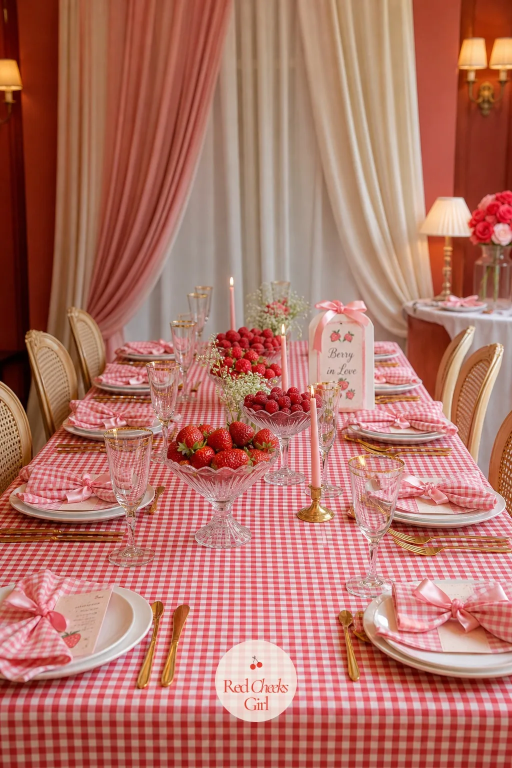 Gingham Tablescape With Berry Bowls — Sit down and this is the theme at arm's length: a red and white gingham tablecloth running the length of the table