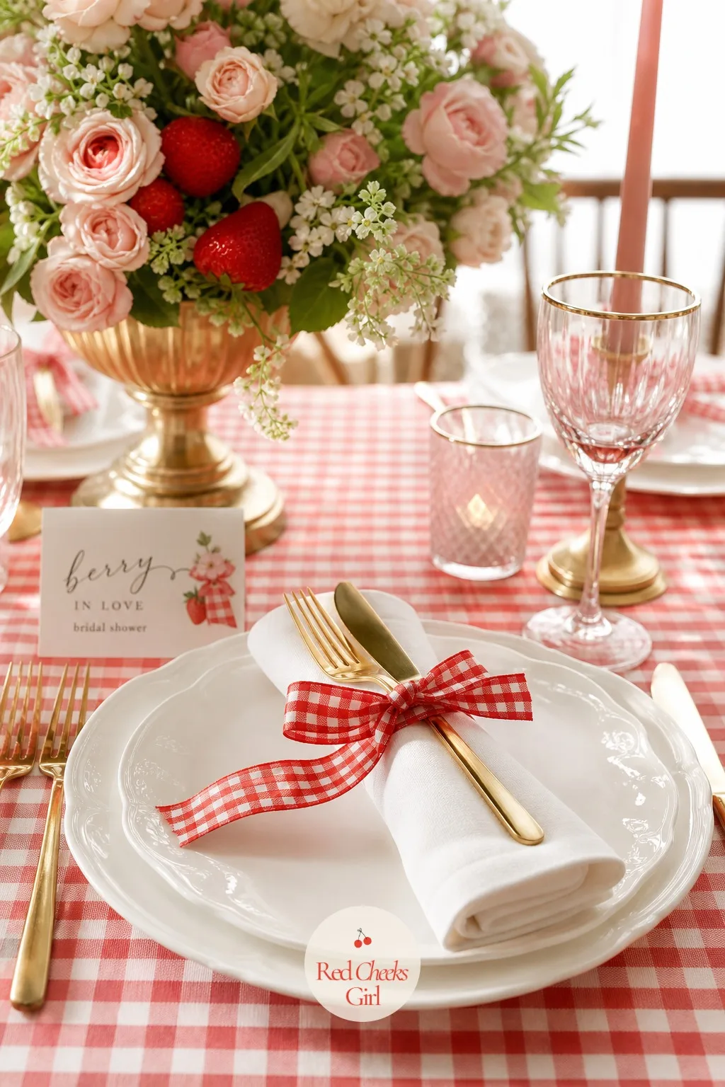 Gingham-Ribbon Flatware Rolls — Look closer at the setting and this is the texture that finishes it: a white cotton napkin rolled around the flatware, tied