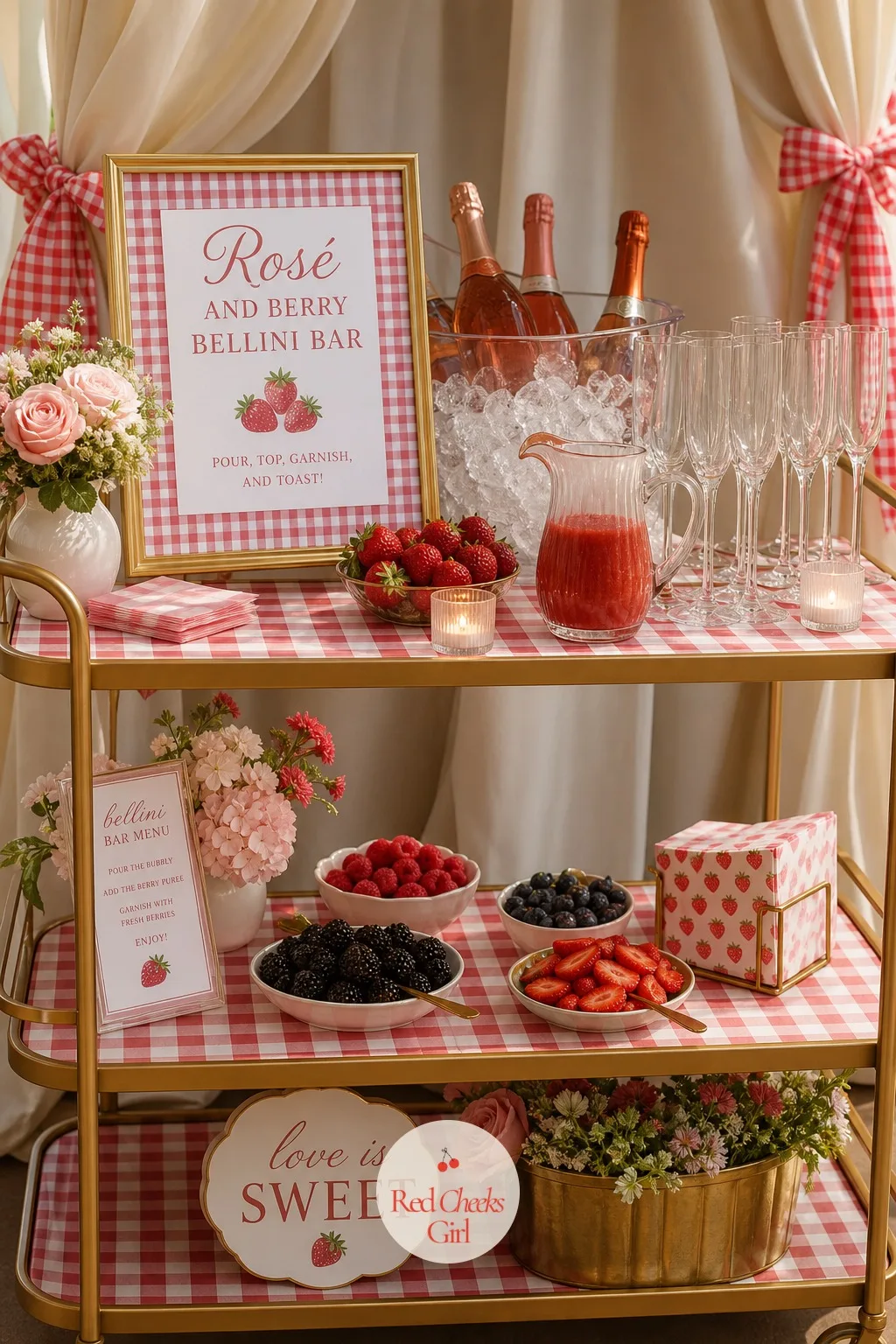 Rosé and Berry Bellini Bar — Just past the lemonade sits the grown up option: a small bar cart with rosé and sparkling wine chilling in an ice bucket at its