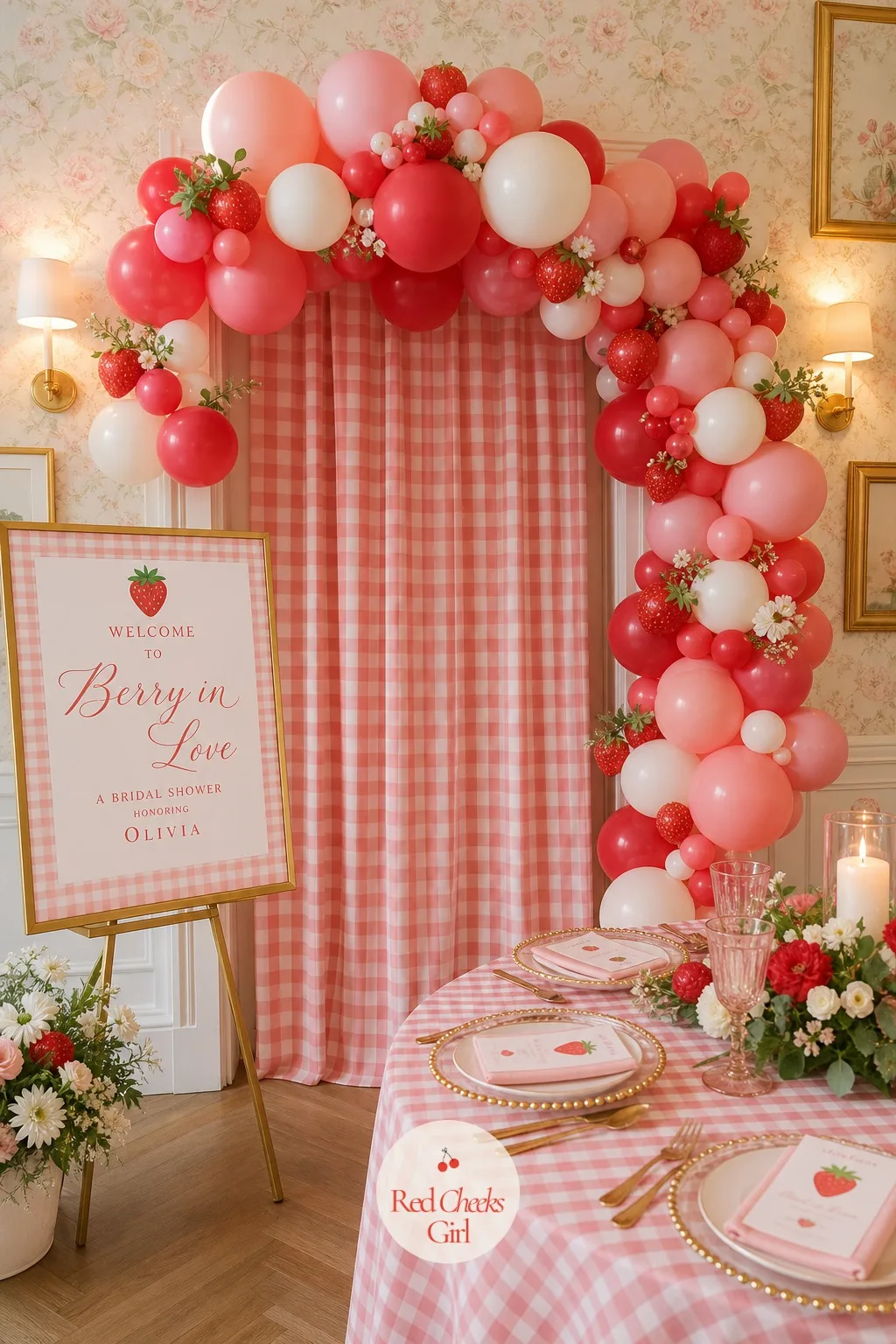 Strawberry Balloon Garland Backdrop — This is the first thing anyone sees, so it has to carry the whole palette on its own: strawberry red, blush pink and