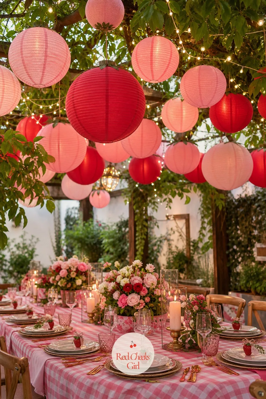 Strawberry Paper Lantern Canopy — Look up mid party and this is what catches the eye: fairy lights strung first between two points, paper lanterns in