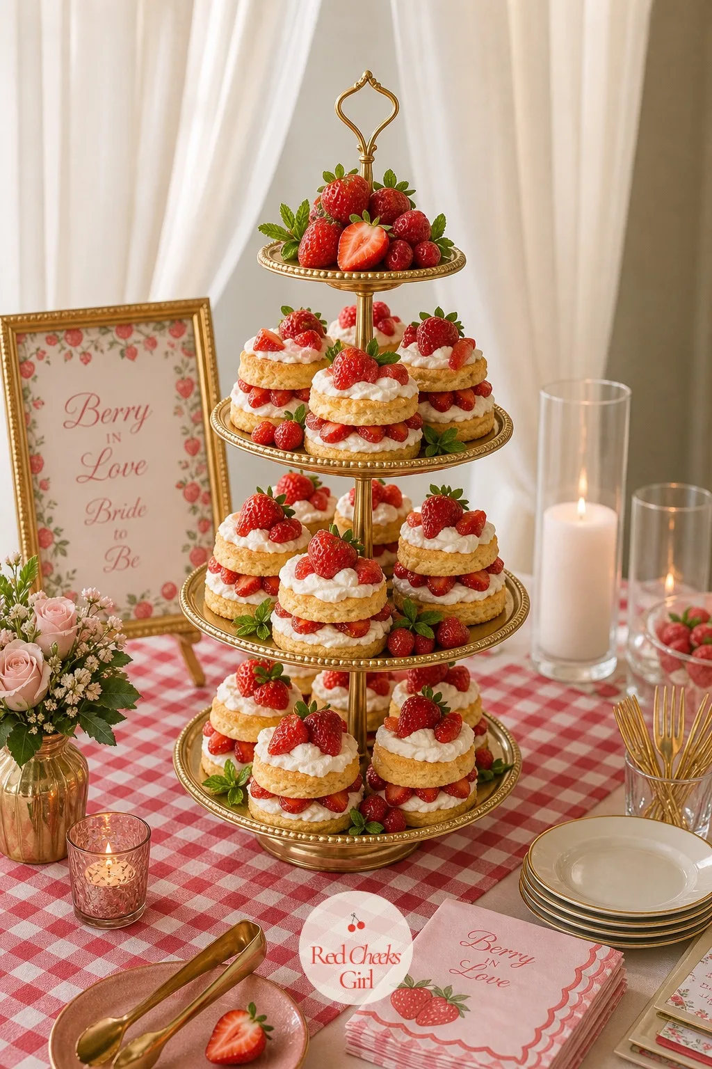 Strawberry Shortcake Tower — This is the dessert table's anchor, the piece that makes guests stop walking: a tiered gold stand built up with split biscuit
