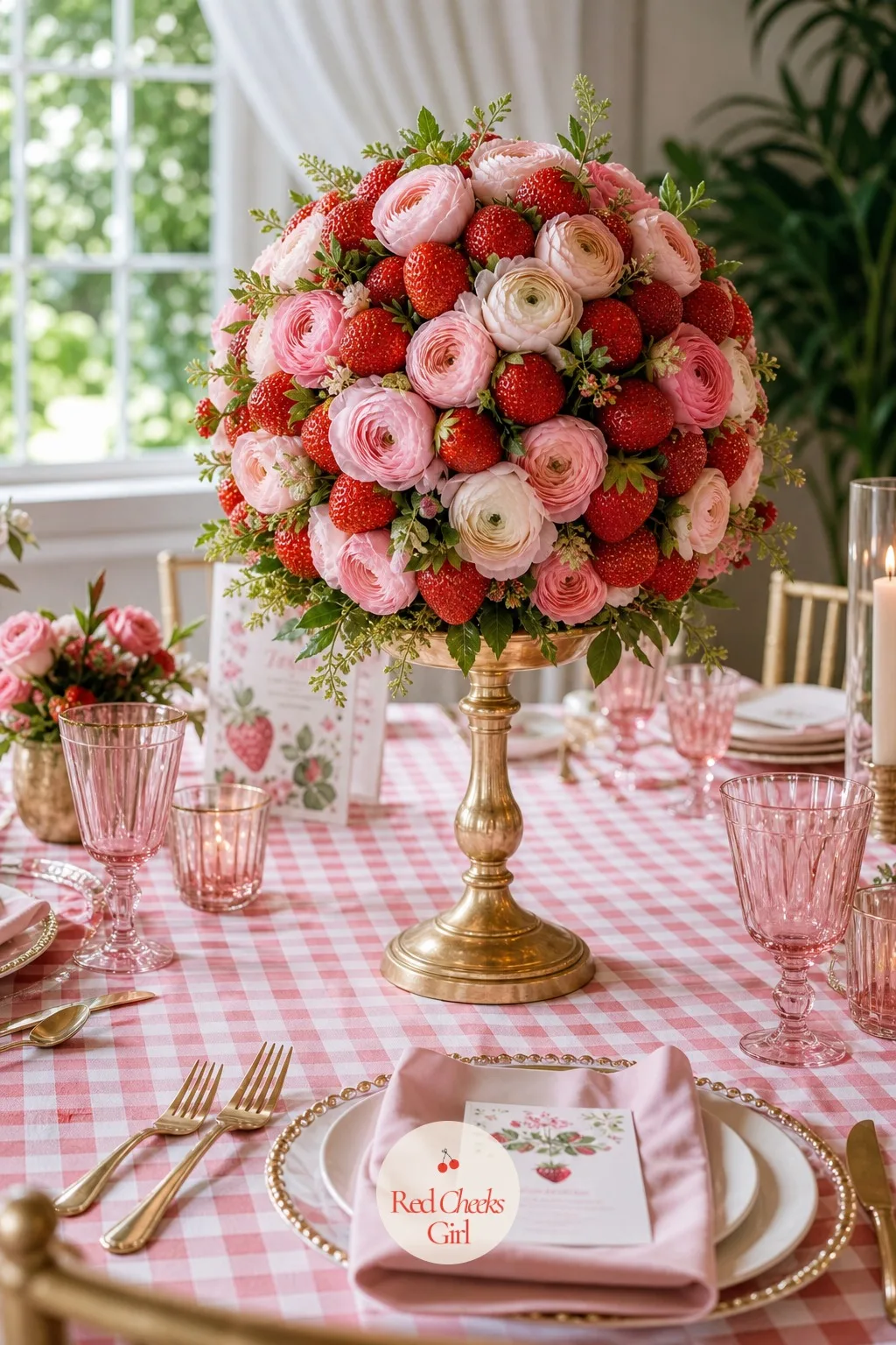 Strawberry Topiary Centerpiece — The center of the table needs one thing that sits at eye level, and this is it: a gold compote stand holding a small topiary