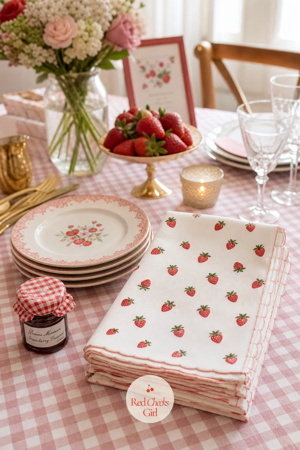 Strawberry-Print Napkins — This is the detail noticed only once a guest sits down with her dessert plate: a cotton napkin printed with small scattered