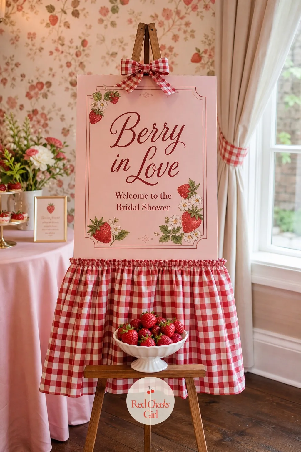 Welcome Sign on a Gingham-Skirted Easel — This is the first personal touch, standing at the door before anyone has even taken their coat off. Berry in love
