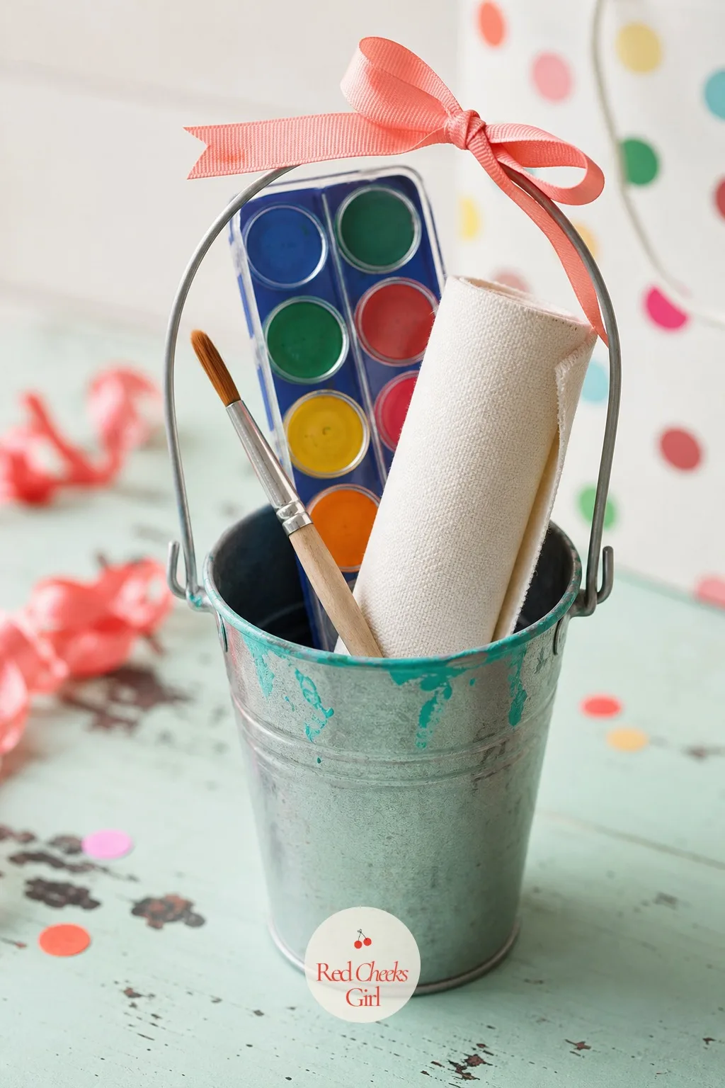 Paint Pail Of Art Supplies — Another box of thin crayons that snap on the first stroke, she has had quite enough of those. Birthday party gift bag ideas