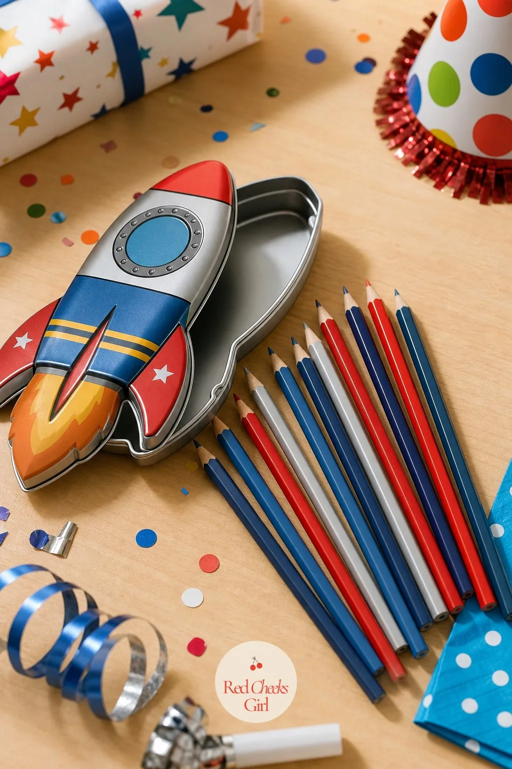 Theme Pencil Tin With A Dozen Colored Pencils — A loose handful of pencils in a plastic sleeve looks exactly like what it is, an afterthought. Birthday party