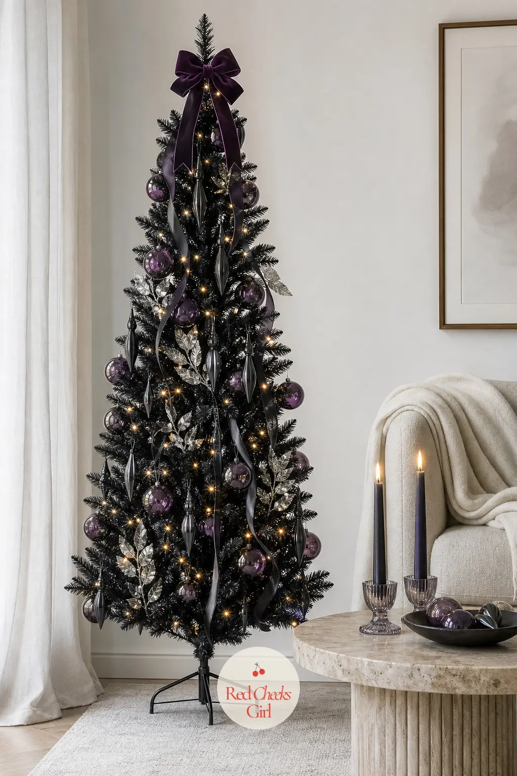 An Amethyst Black Tree by the Travertine Table — In a serene white sitting room with a low travertine table and a cashmere throw, this slim artificial tree is