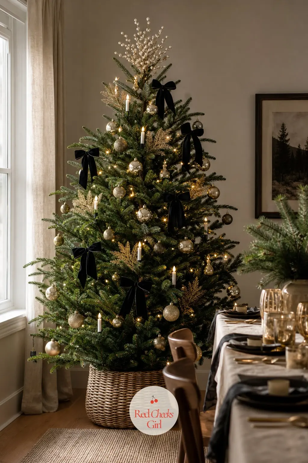 A Black and Champagne Tree at the Dinner Table — Set beside a laid dining table, this real noble fir is dressed almost entirely in champagne gold and black