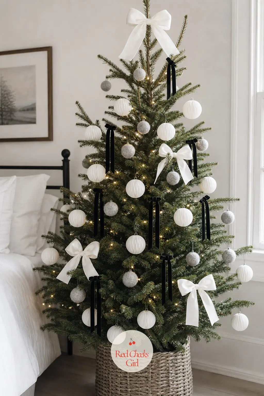 A Black Ribbon Fir in a White Bedroom — In a white bedroom with crisp bedding and a bare window, this slender real fir leans soft rather than graphic, paper