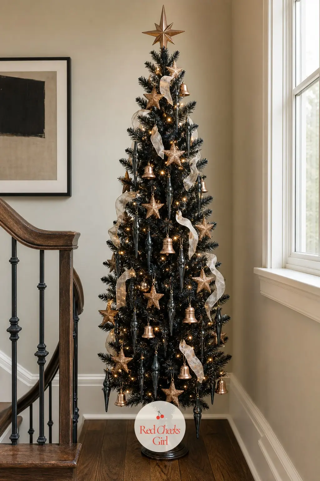 A Bronze and Black Tree on the Landing — On a landing at the top of the stairs, this slim pencil tree is seen mostly from below and at an angle, which is why