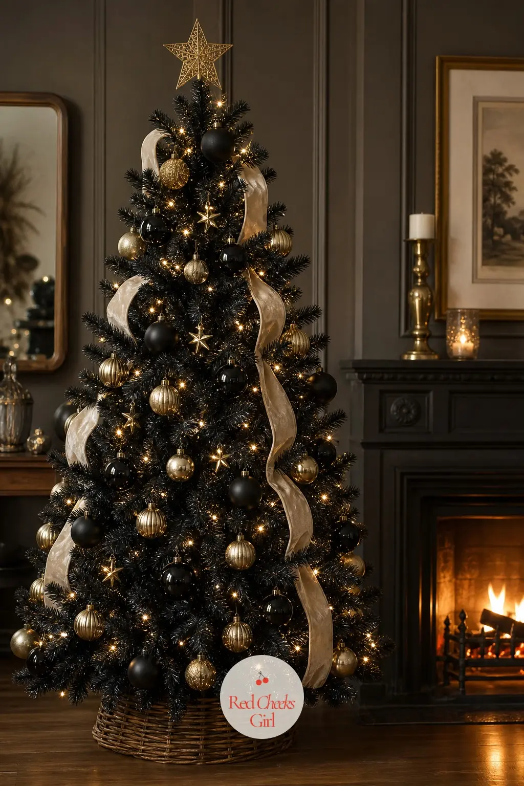 A Candlelit Black Fir by the Fireplace — This is the full, generous version of the look: a tall black tree standing in front of panelling and a working
