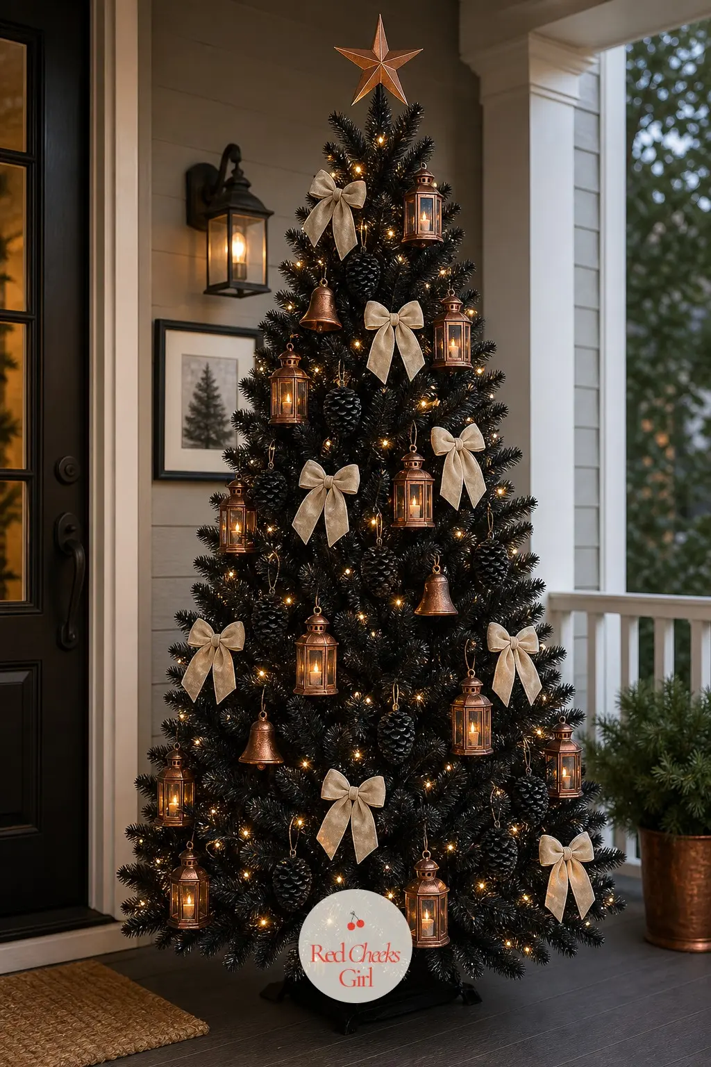 A Copper Lantern Black Tree on the Porch — Just outside the front door on a covered porch, this weatherproof black tree swaps delicate glass for copper