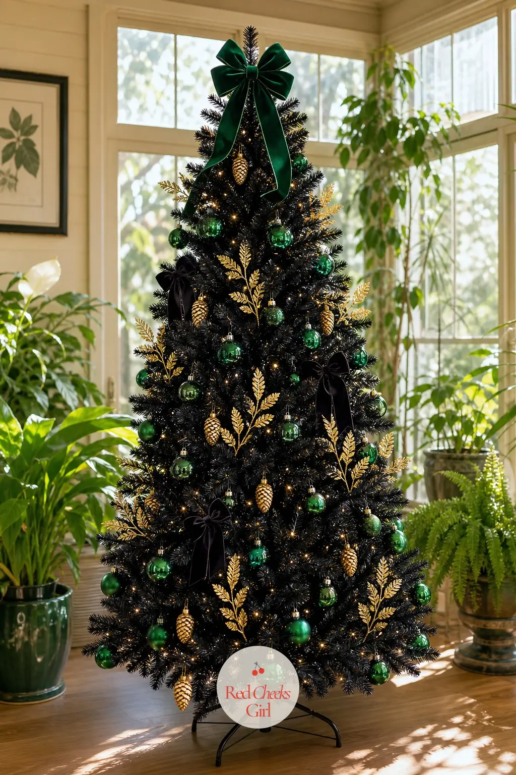 An Emerald and Gold Black Tree Among the Houseplants — Set in a sunroom full of plants and big windows, this black tree leans into emerald glass and gold leaf