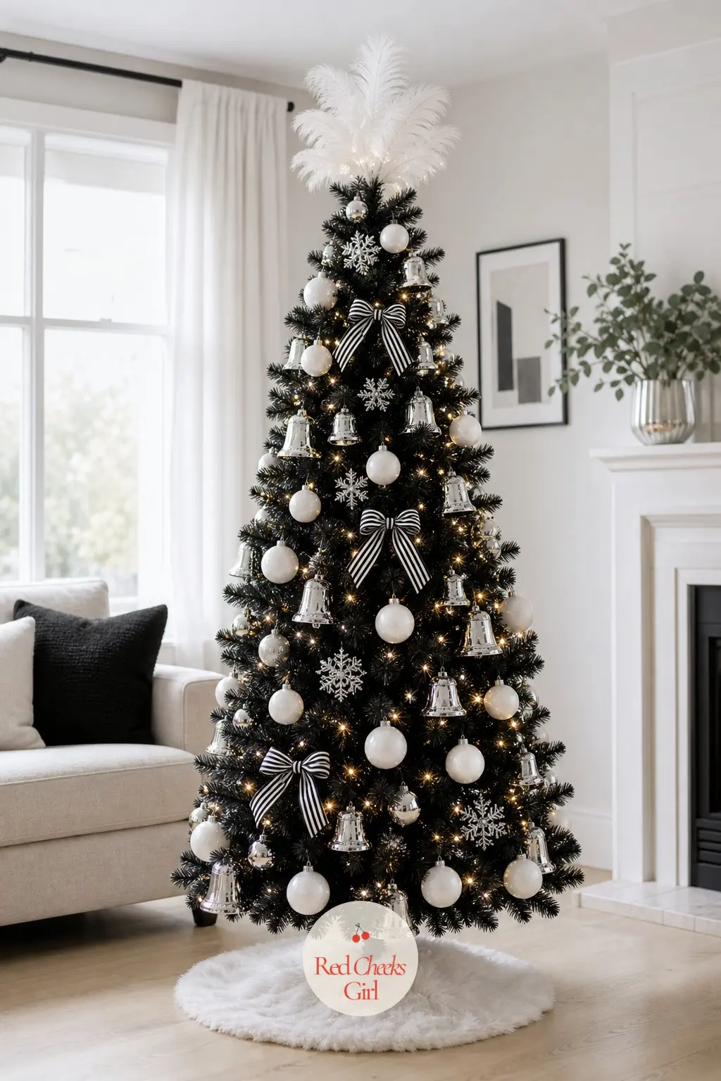 A Graphic Black and White Tree on Pale Oak Floors — Standing in a bright white living room with a low pale sofa, this tree does the heavy lifting with pure