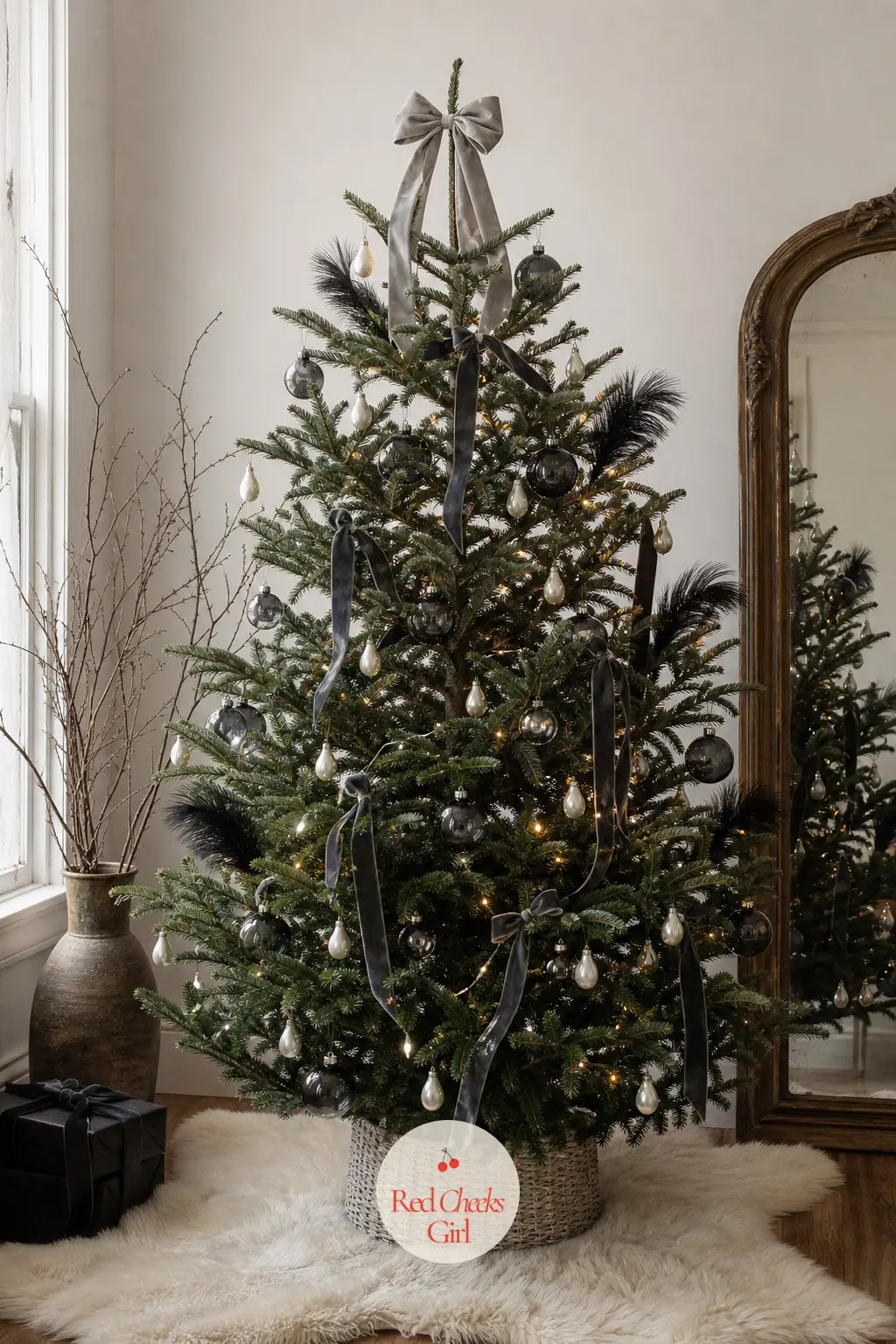 A Graphite and Pearl Black Tree by the Old Mirror — In a calm white room with an antique mirror and dried branches in a tall vase, this sparse real fir is