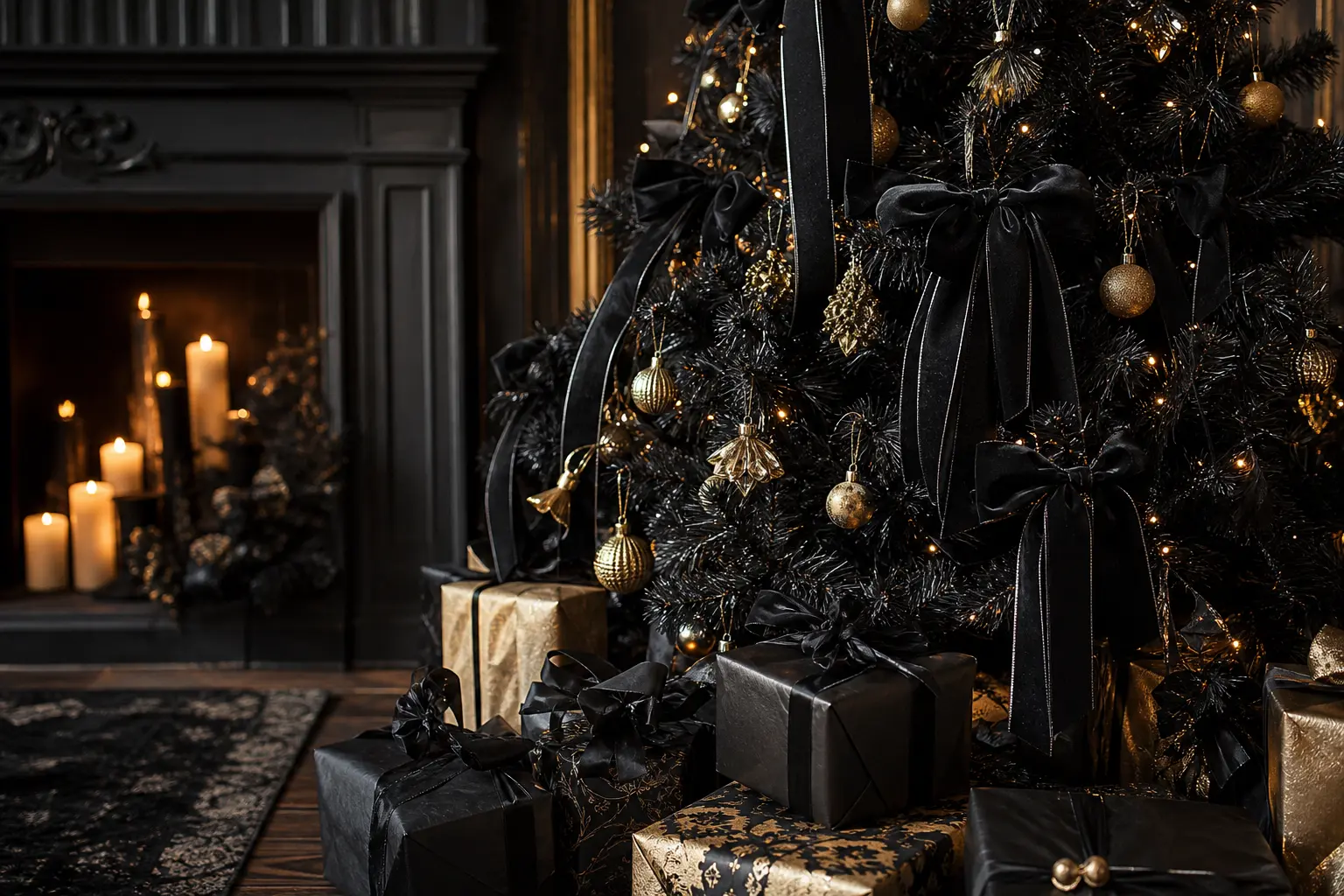 Moody and Gothic: 18 Black Christmas Trees With Velvet Bows and Candlelit Gold