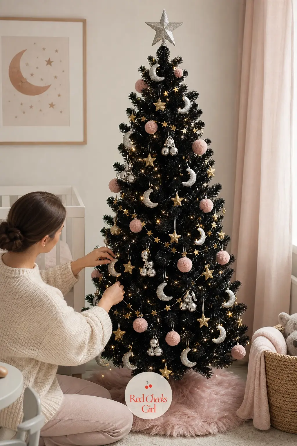 A Moonlit Black Tree for a Child's Room — In a nursery or child's room, this small black tree trades gothic drama for a night-sky theme, silver crescent moons