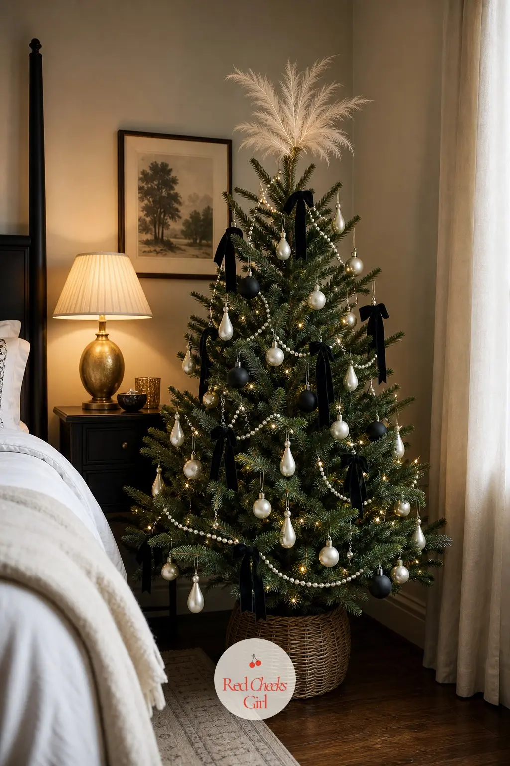 A Pearl Black Tree Beside the Bed — Tucked into a bedroom corner beside the bed, this small real fir runs on pearl and warm white, the softest palette in the