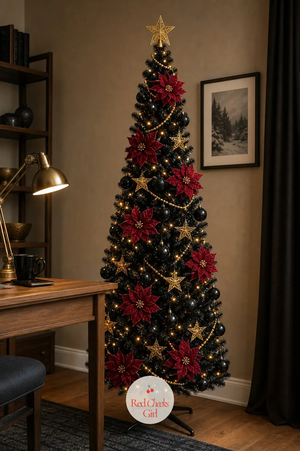 A Ruby Velvet Tree Behind the Desk — Set behind a home office desk, this slim black tree runs almost entirely on ruby velvet and gold, with poinsettia picks