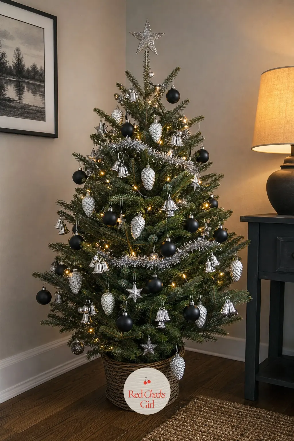 A Silver and Black Tabletop Tree for One Room — In a small flat where one tree has to represent the whole season, this compact real potted tree sits in the