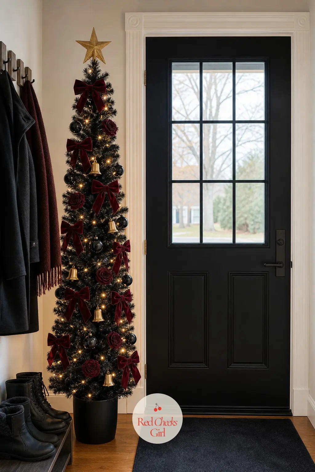 A Slim Black Sentinel at the Front Door — Standing just inside an entryway, this slim pencil tree is built for a narrow space that still wants drama: burgundy