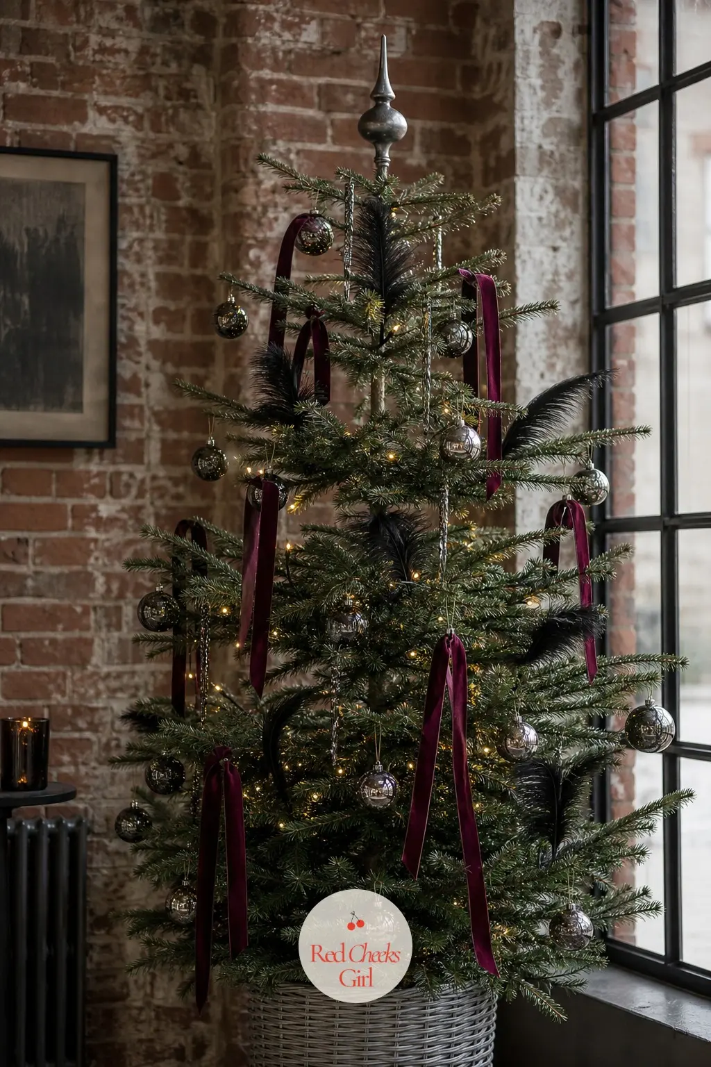 A Sparse Gothic Fir Against Brick and Glass — In a loft with exposed brick and tall windows, this real fir is kept deliberately sparse, more negative space