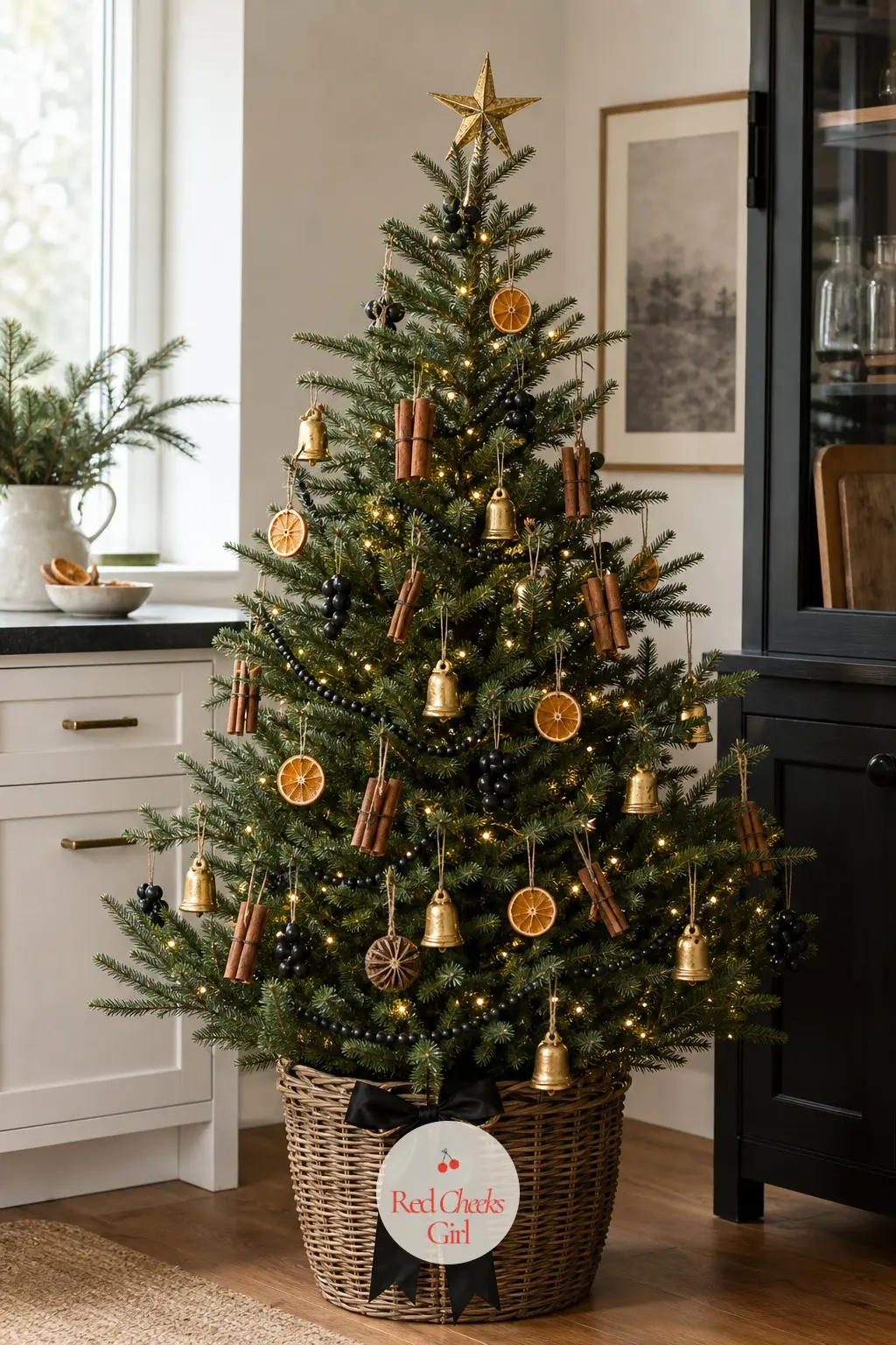 A Tiny Black Tree Dressed in Cinnamon and Gold — Tucked onto a kitchen counter, this small real potted tree swaps baubles for cinnamon stick bundles and dried