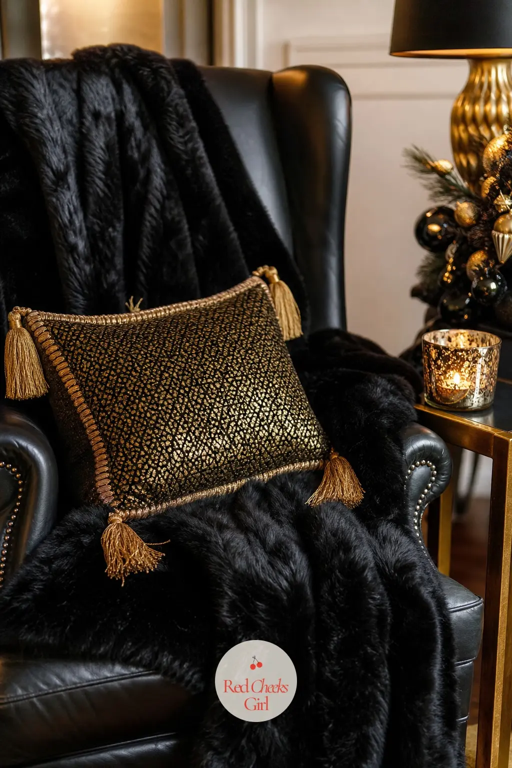 The Armchair, Piled in Faux Fur and a Gold-Tassel Cushion — A wingback chair gets a faux fur throw tossed across one arm and a single cushion with a gold