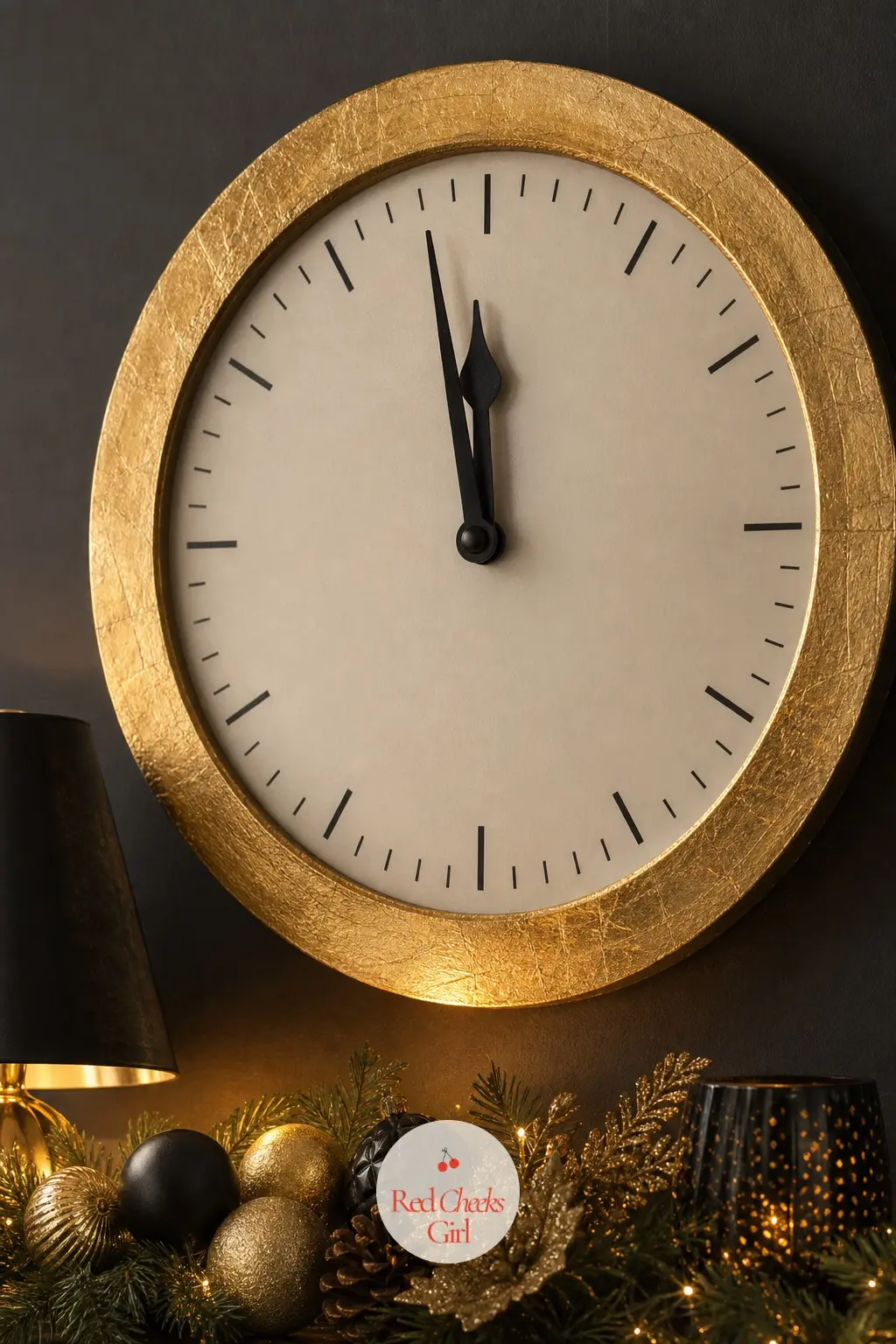 The Clock, Dressed for the Countdown to Midnight — An oversized wall clock gets a wrap of gold leaf around its rim and a swap to black hands, hung somewhere