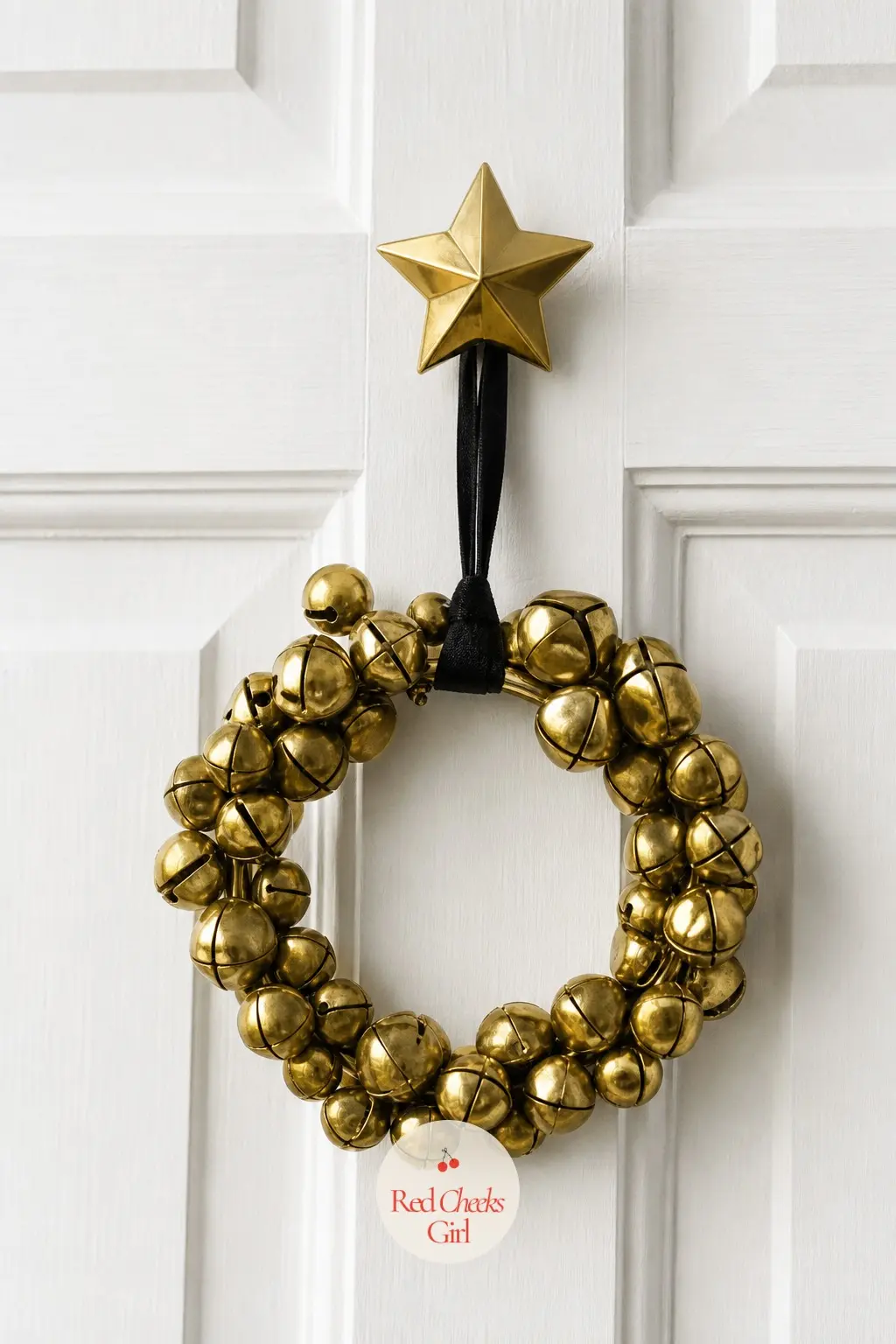 The Closet Door, Hung with a Brass Bell Wreath — A small wreath built from gleaming brass bells hangs on the coat closet door, a quiet nod to the chime