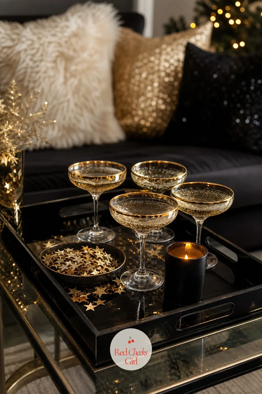 The Coffee Table, Set for Champagne at Midnight — A black lacquer tray holds coupes already chilling, a shallow bowl of gold star confetti ready to toss, and a