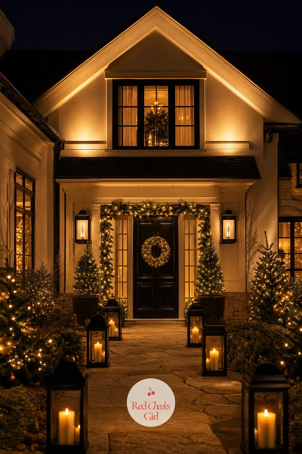 The Facade, Lit for a Midnight Countdown — Swap the usual multicolor string for warm white lights along the roofline and gold spotlights washing up the brick.