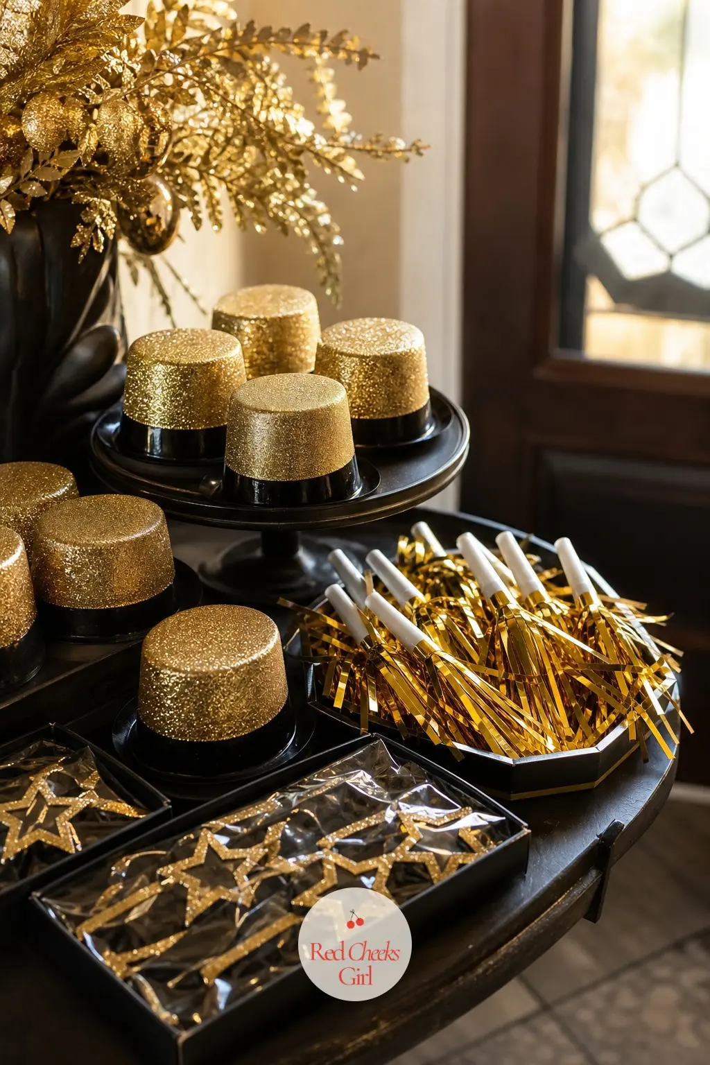 The Favor Table, Set with Mini Top Hats and Gold Noisemakers — A small table near the door holds a basket of mini gold top hats, a bowl of noisemakers and a