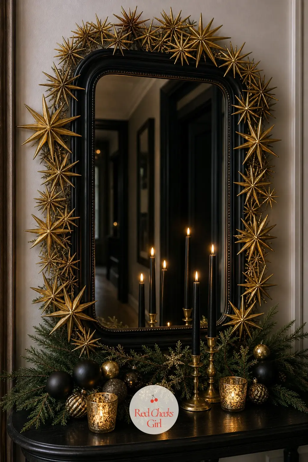 The Hallway Mirror, Ringed in a Gold Starburst Wreath — A large black framed mirror gets ringed in a wreath built entirely from gold stems radiating outward