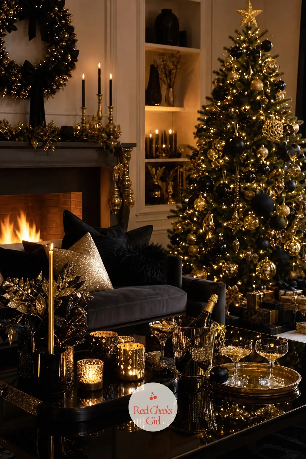 The Living Room, Dressed for a Midnight Toast — The tree stands dressed in nothing but black and gold baubles and a gold star topper, lamps turned down low so