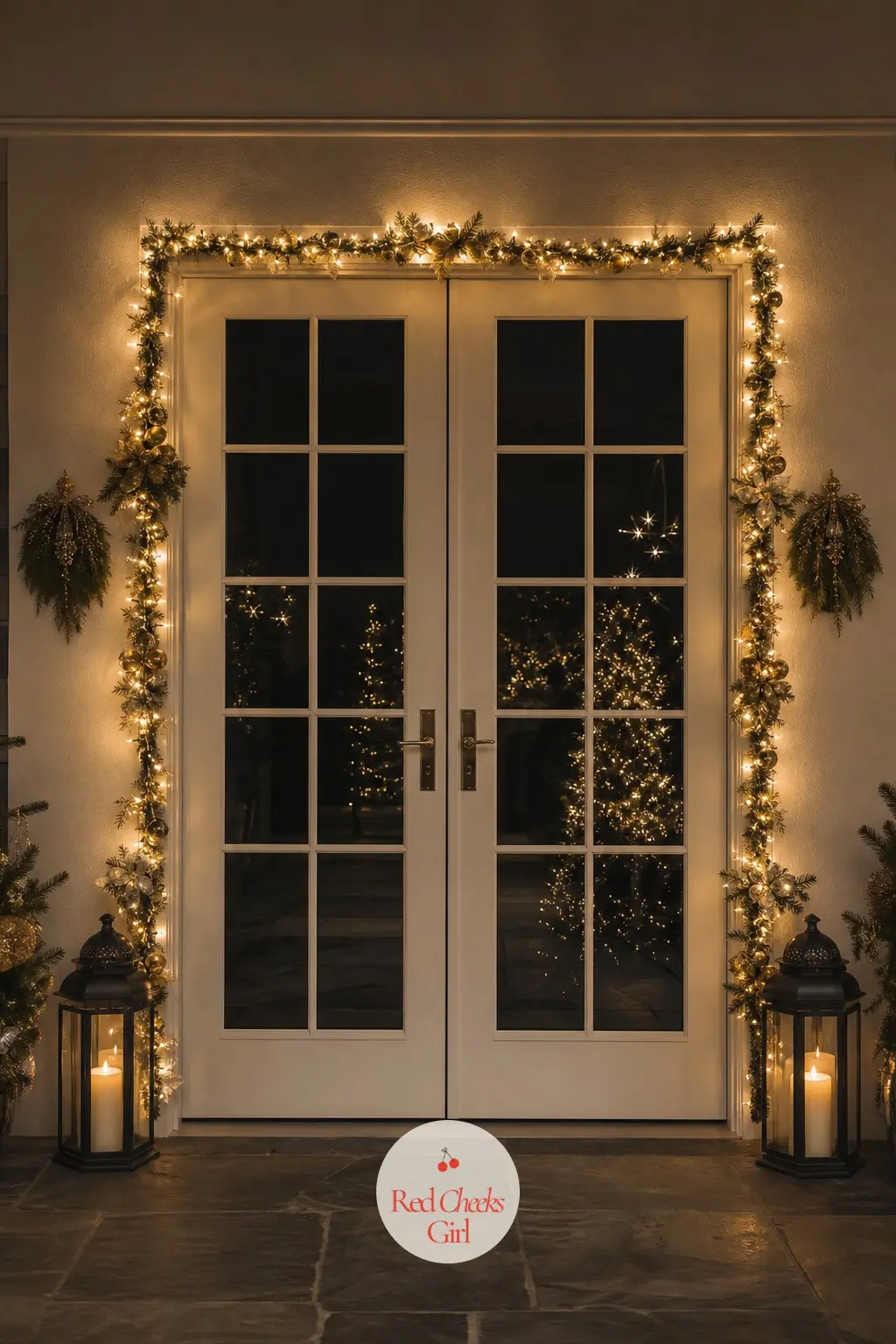 The Patio Doors, Strung with Gold Fairy Lights — Fairy lights run the full frame of the glass doors, doubling in their own reflection once it is properly dark