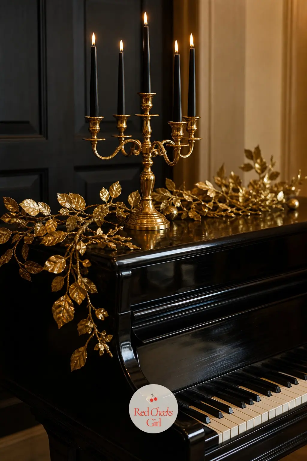 The Piano, Topped with a Candelabra and Gold Garland — A candelabra with black tapers sits on the closed lid, a loose trail of gold leaf garland running the