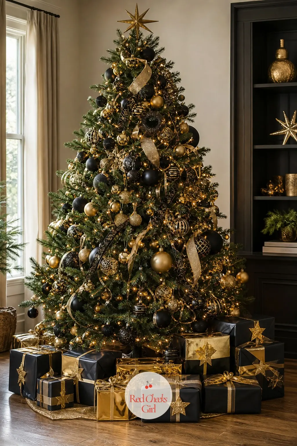 The Presents Under the Tree, Wrapped in Black and Gold Foil — Parcels get wrapped in black and gold foil paper rather than anything printed, tied off with