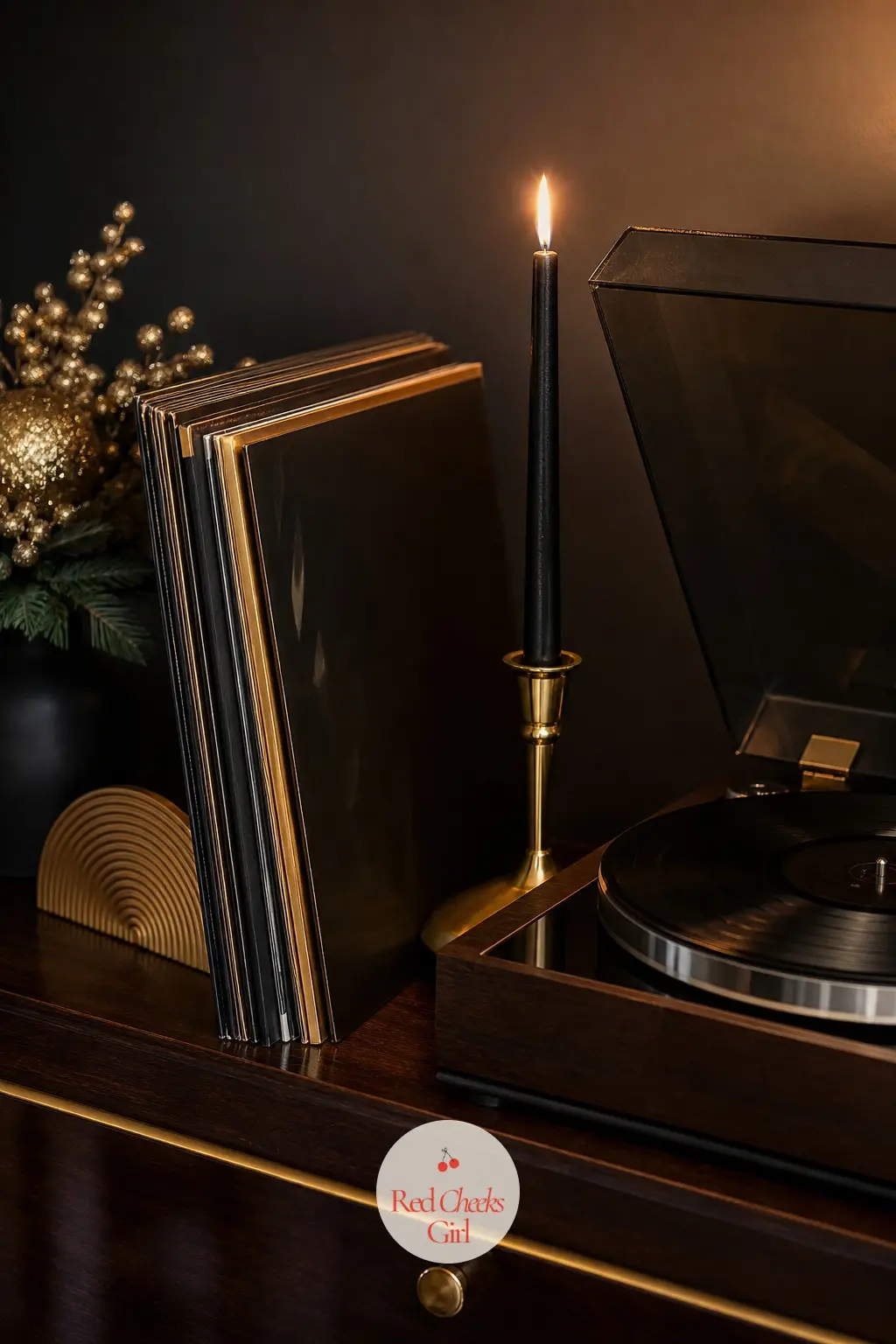 The Record Console, Spun with Midnight Jazz and a Black Candle — A turntable corner gets a single black taper burning low and a short stack of records leaned