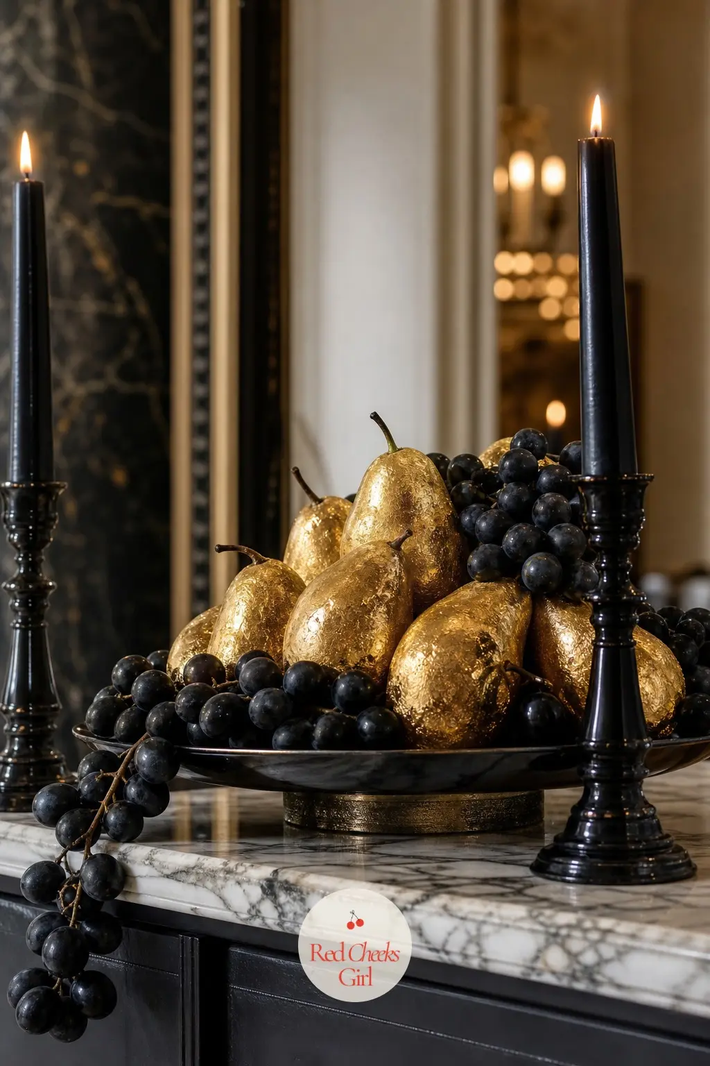 The Sideboard, Piled with Gold-Dusted Fruit and Black Grapes — A marble sideboard holds a platter of pears brushed with edible gold leaf, spilling over with
