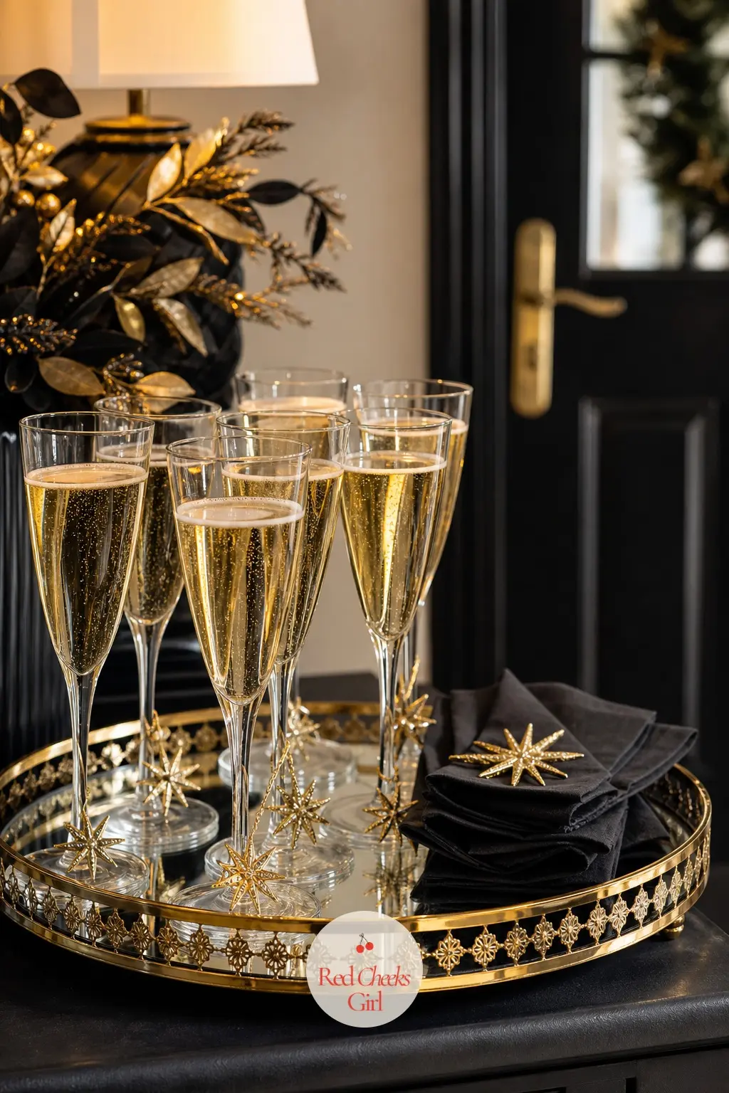 The Welcome Tray, Poured with Flutes for the First Toast — A round gold tray waits just inside the door, already poured, so the first thing a guest does is