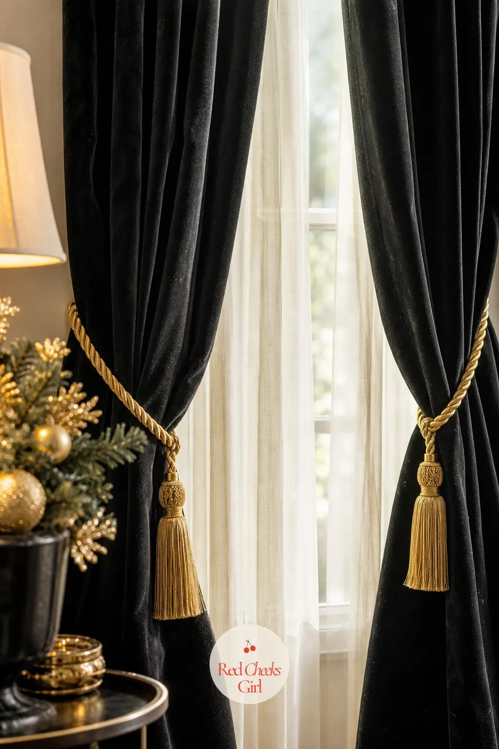 The Window, Draped in Black Velvet with Gold Tiebacks — Heavy velvet panels frame the glass instead of the usual sheer, gathered back with gold rope tiebacks