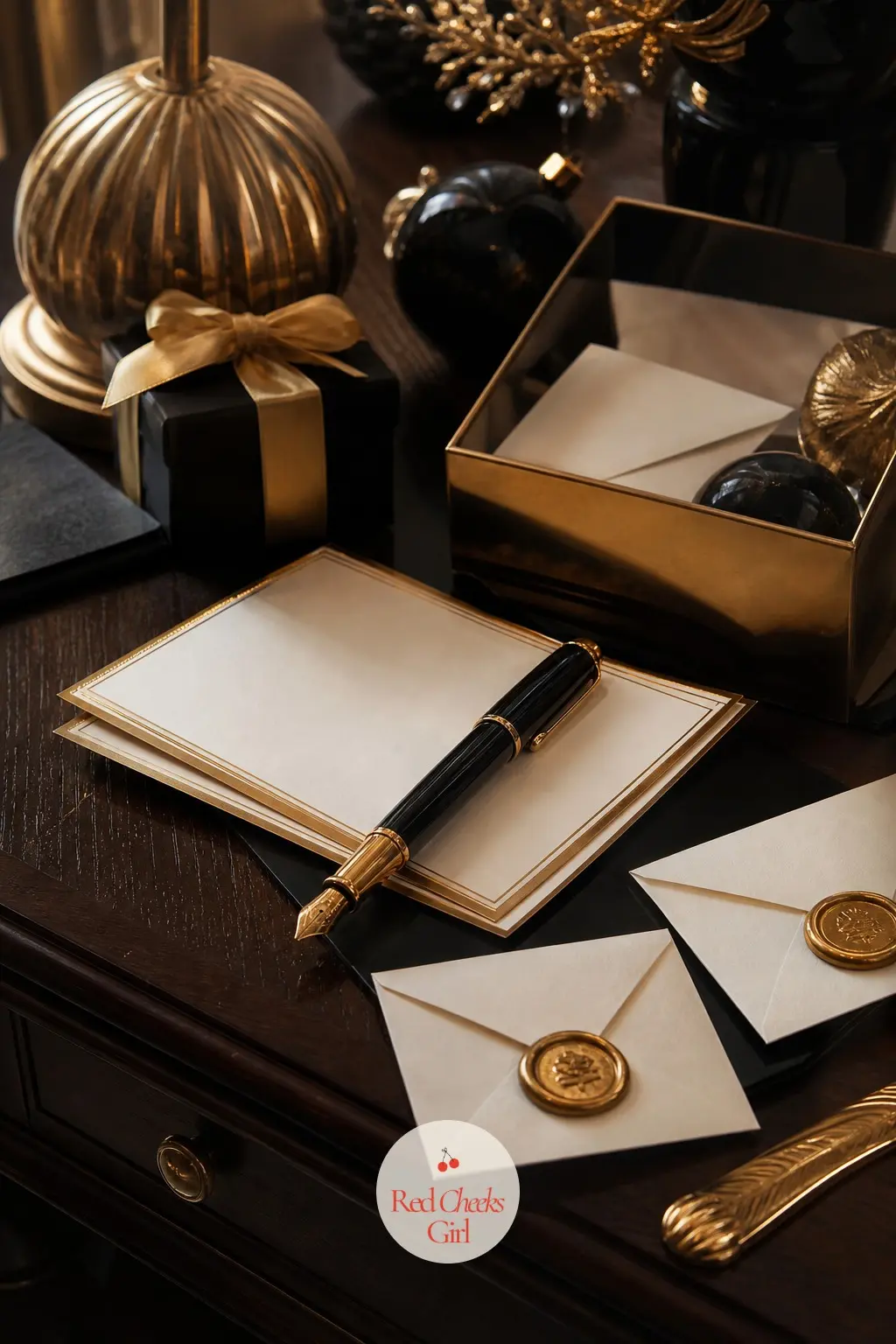 The Writing Desk, Set with Gold Stationery for New Year Notes — A short stack of ivory cards edged in gold sits beside a black fountain pen, meant for guests